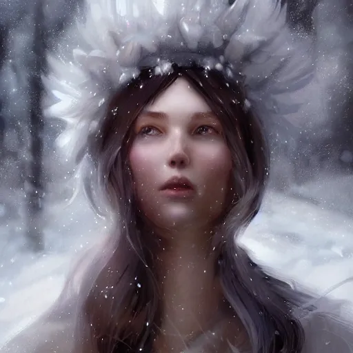 Image similar to a beautiful portrait of an winter goddess with ice hair by Greg Rutkowski and Raymond Swanland, snowflakes falling, Trending on Artstation, ultra realistic digital art