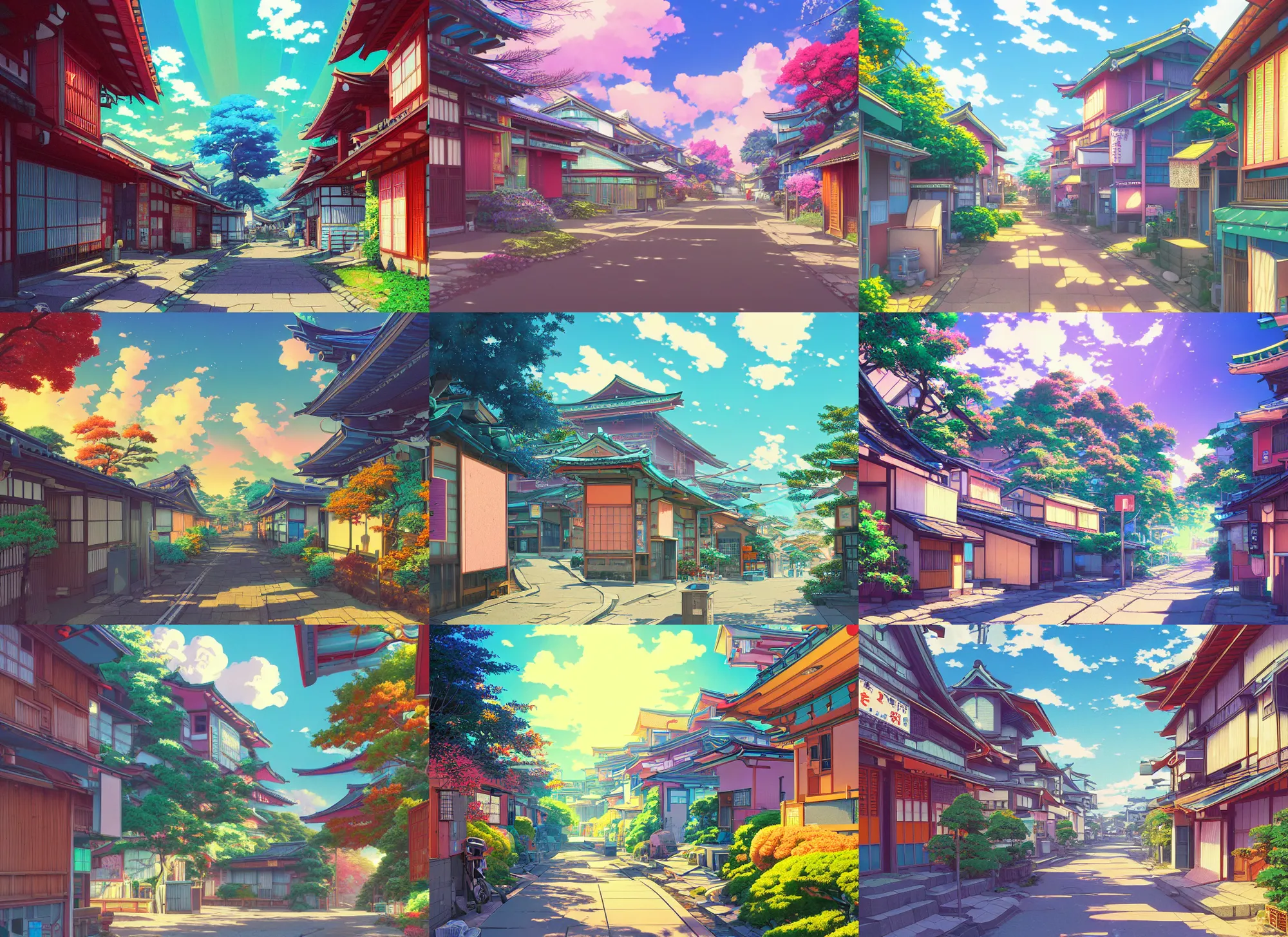 Prompt: A colourful ultradetailed anime illustration of a residential street in rural Japan by beeple, makoto shinkai, thomas kinkade, anime art visual novel background, trending on artstation, anime, sunlight through cumulus, 4K