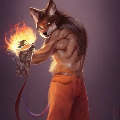 Image similar to male kitsune furry with dark fur, carries a tome, surrounded by floating fire orbs, shortsword, charismatic, young, dark clothing, elegant, digital illustration, detailed, intricate, sharp focus, digital painting, deep focus, digital painting, artstation, concept art, matte, art by artgerm and greg rutkowski and alphonse mucha