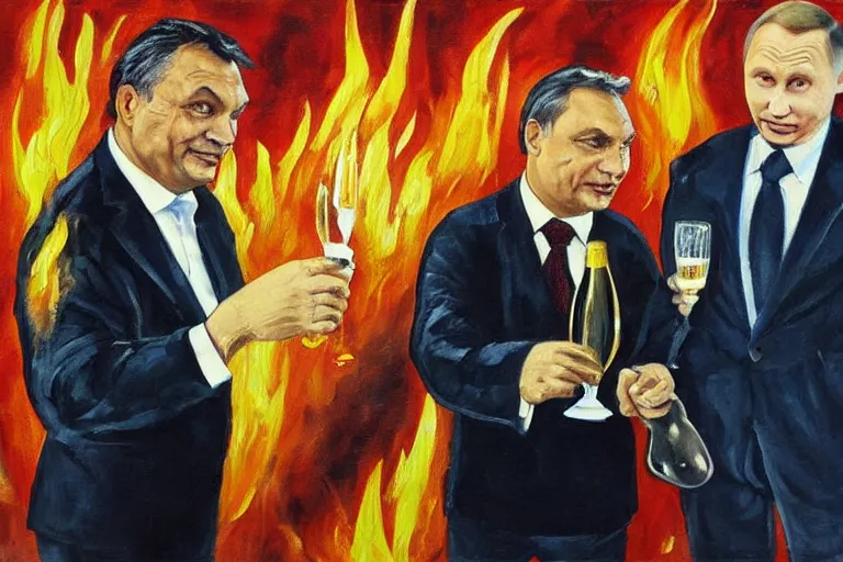 Image similar to viktor orban winking and drinking champagne with putin in front a burning city, oil painting