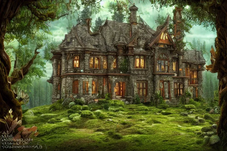 Image similar to photograph of a fantasy style woodland mansion in an ancient forest