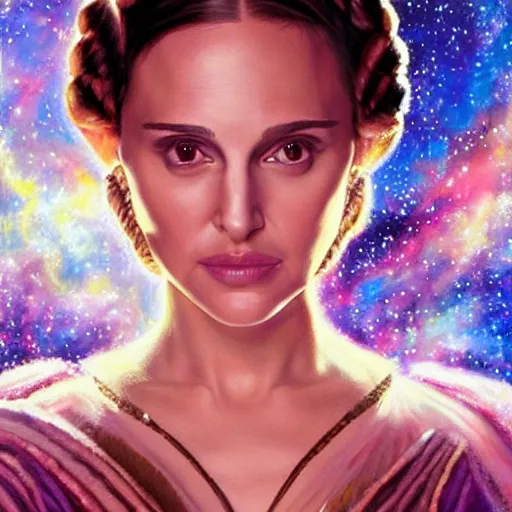 Image similar to a beautiful painting of a ornate highly detailed natalie portman as princess leia, nebulas in the background