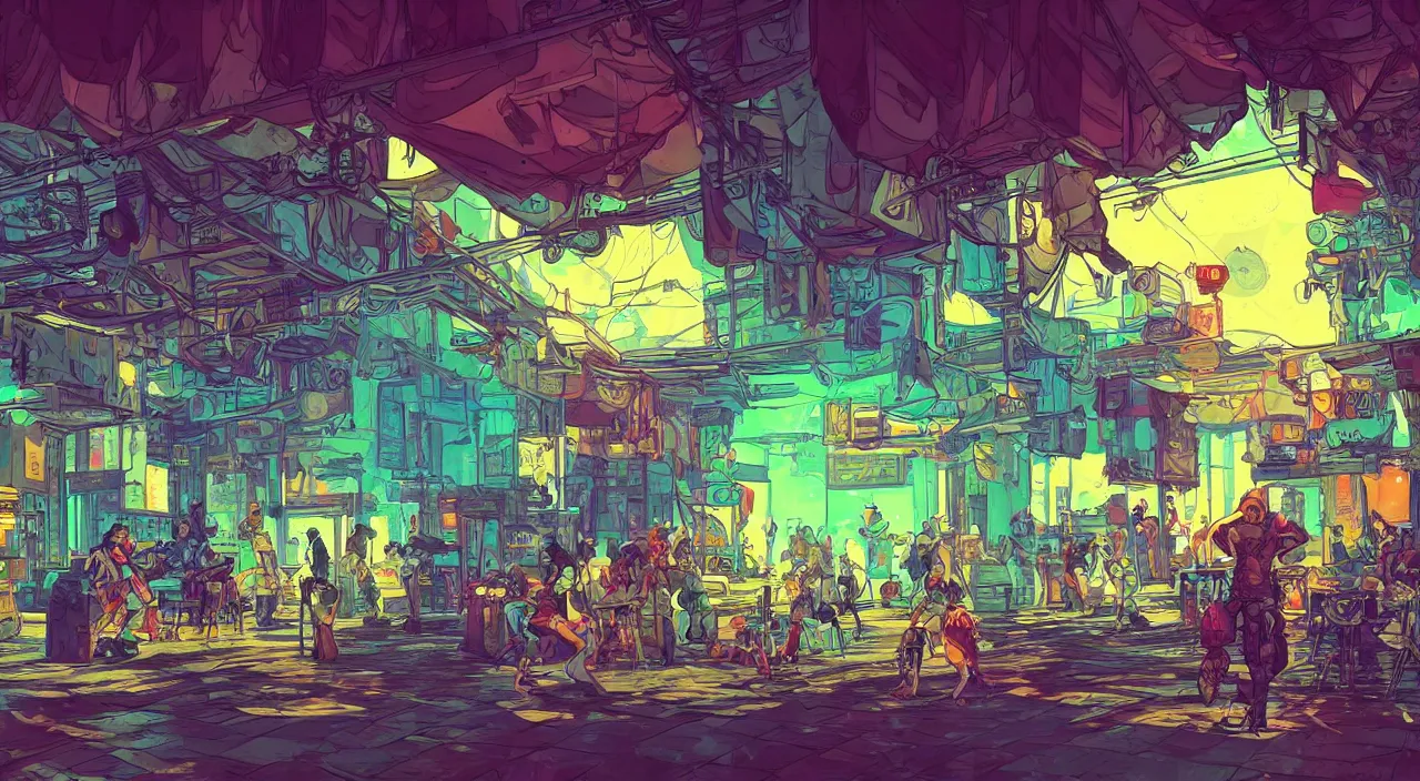 Image similar to bazaar zouk oriantal full color sky shine place mosquet painting stylized digital illustration video game icon global illumination ray tracing that looks like it is from borderlands and by feng zhu and loish and laurie greasley, victo ngai, andreas rocha, john harris