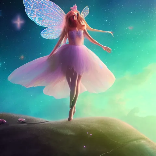 Image similar to magical fairy floating in space, epic cartoon portrait, beautiful, stunning concept art, highly detailed, galaxy background, rendered in octane, unreal engine, trending on artstation, realistic, diviantart, depth of field