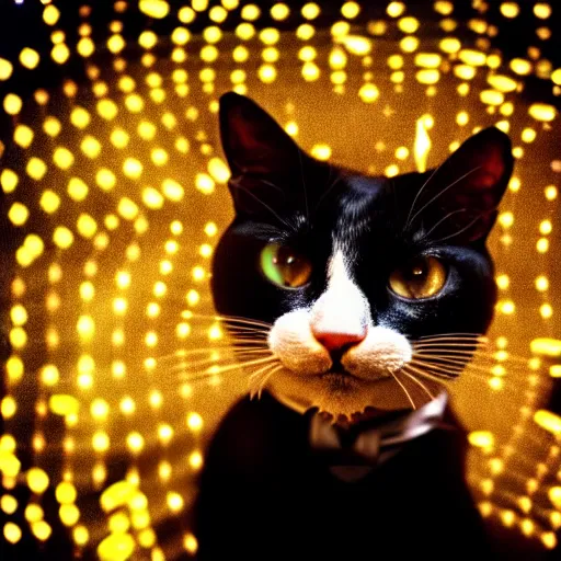 Prompt: A tuxedo housecat with playing with a swarm of glowing nanobots. iphone photograph 35mm. studio lighting. trending on instagram.