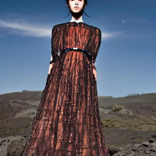 Prompt: a fashion model with large valentino dress at the edge of active etna vulcan, official valentino editorial, highly detailed