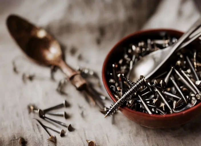 Prompt: dslr photograph of a beautiful bowl filled with rusty nails screws and bolts with a spoon next to it on a lace napkin, 8 5 mm f 1. 8