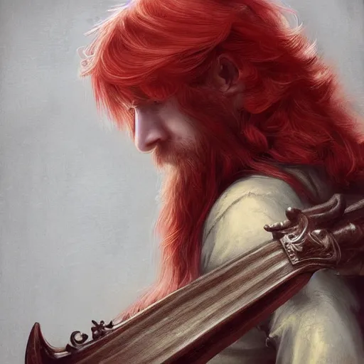 Image similar to red hair boy playing a lute in an inm, dramatic, intricate, elegant, highly detailed, digital painting, artstation, concept art, smooth, sharp focus, illustration, octane render, art by Leesha Hannigan, Ross Tran, Thierry Doizon, Kai Carpenter, Ignacio Fernández Ríos