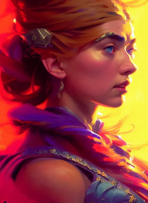 Image similar to side portrait, imogen poots, paladin, gloomhaven, colorful gaudy colors, luminescent, hard edges, organic painting, by greg manchess, huang guangjian, gil elvgren, greg rutkowski, jesper ejsing, magali villeneuve, artgerm, ilya kuvshinov