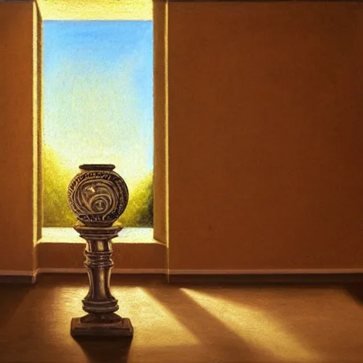 Image similar to still life painting of a room with a balcony and a marbled pedestal displaying an ancient holy artifact, centered in frame and shaped like a torus ring, chromed and ornate with gentle iridescent shine from within. perspective from the side. realistic light and shadows. moody fantasy art, still life renaissance pastel painting. close up