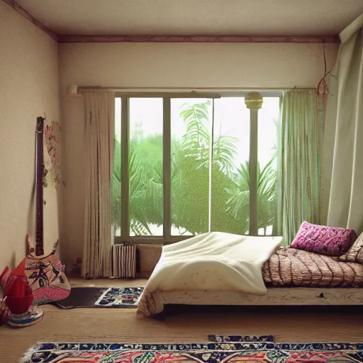 Prompt: 1 9 6 9 living in an older house, hippie pad, hippie chic, antiques, tropical houseplants, beaded curtains, posters on the walls, persian rugs, artstation, octane, 8 k, mildly desaturated.