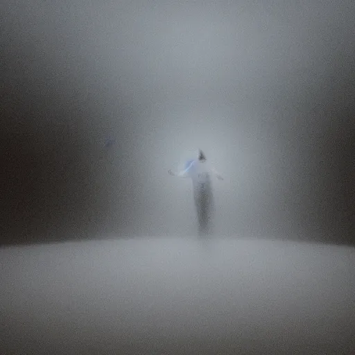 Image similar to a blurry aura glowing in a white mist, human hovering