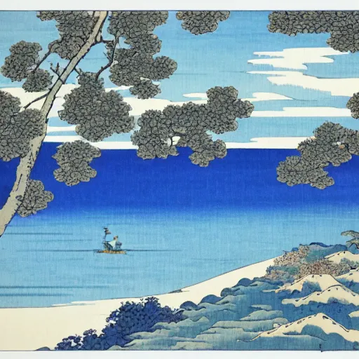 Prompt: French west beach with a blue sky in Hokusai style