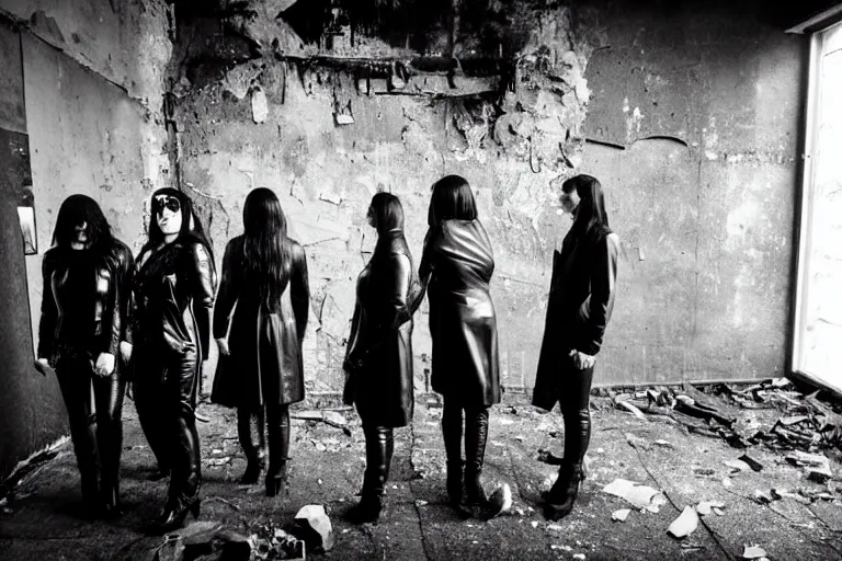 Image similar to 4 goths in leather, watching a black hole forming in the grimy grungy basement of an abandoned apartment block, grainy black and white photography