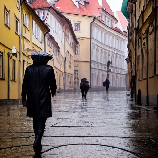 Prompt: a man wearing knights armor walks down a rainy street in prague, photography, movie still, dslr 5 5 mm, 4 k