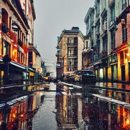 Prompt: a beautiful city in rainy day, reflection on the roads, lots of light, cars, people with umbrella, cinematic
