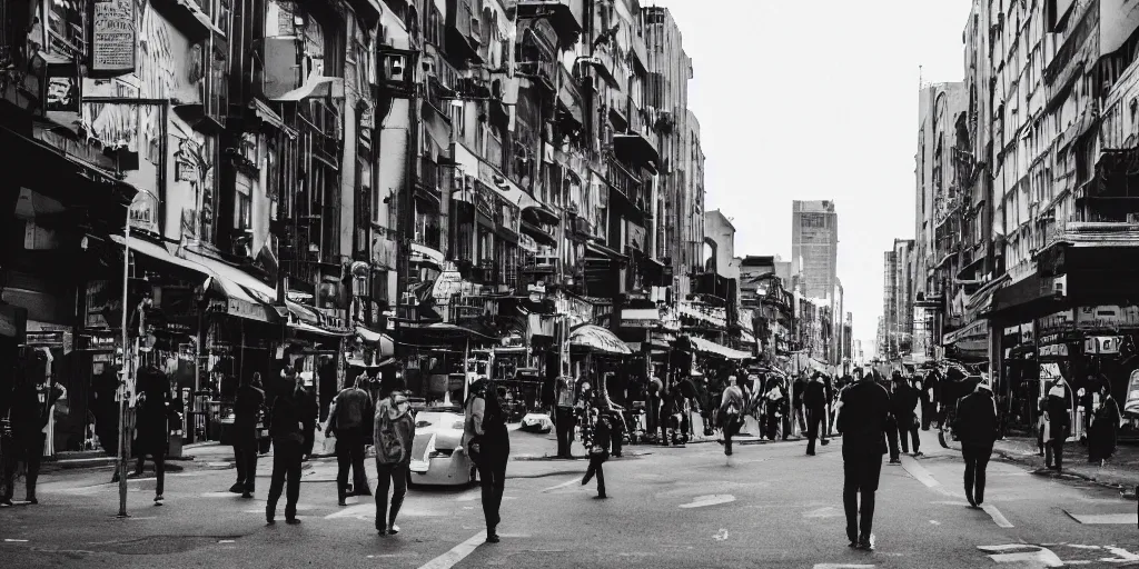 Image similar to city street, crowd, man in center frame, future retro, cinematic, atmospheric, cinematography by greig fraser, wide shot