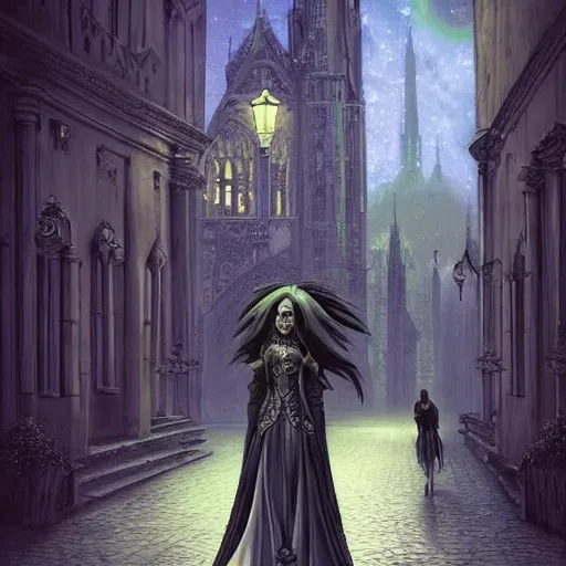 Prompt: an elegant woman stands in a quiet street in an old gothic city, high resolution, highly detailed, dark fantasy, night, by anne stokes