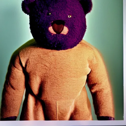 Image similar to Portrait studio photograph of Kanye West in foreground, close up, anthropomorphic teddy bear in background, shallow depth of field, Lomochrome Purple XR 100-400, 40mm