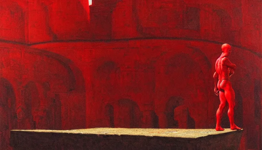 Image similar to only with red, a red gladiator in a crowded roman amphitheatre, crowd cheers him, in the style of beksinski, parts by edward hopper, parts by rodcenko, parts by yue minjun, intricate and epic composition, red by caravaggio, insane quality, highly detailed, masterpiece, red light, artstation