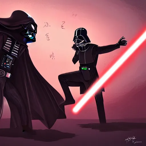 Image similar to beautiful digital painting of rick sanchez fighting darth vader. trending on artstation