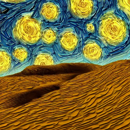 Prompt: 3 d render, skelton, waling, desert, ship, in the style of van gogh starry night.