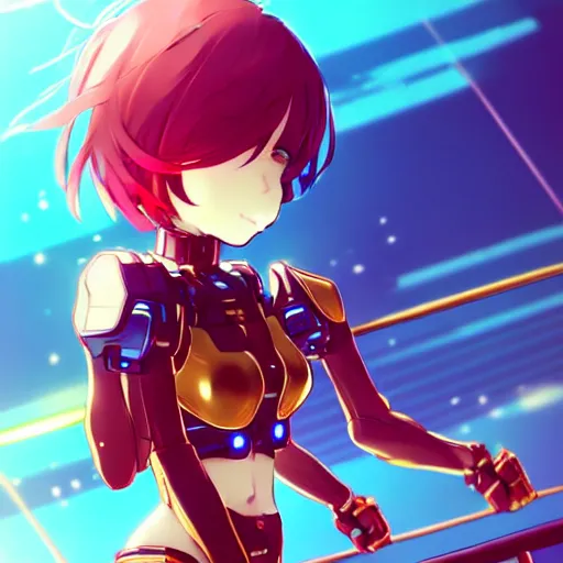 Image similar to digital anime art, wlop, rossdraws, sakimimichan, very small cute girl standing on a large table, red mech arms and red mech legs,