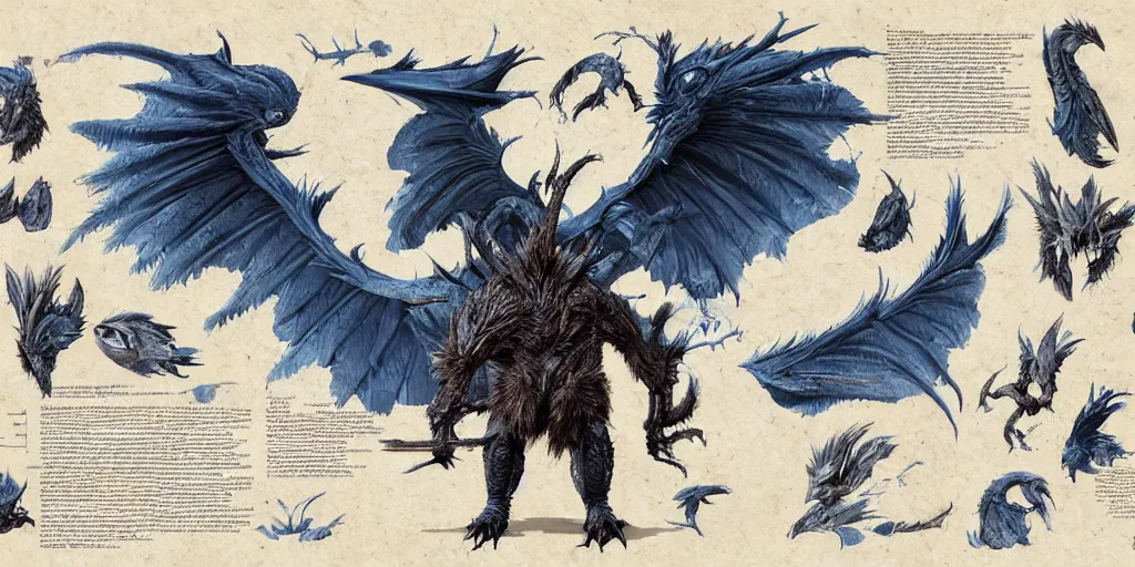 Image similar to Draconian dark reflective blue owl creature, character design sheet, Monster Hunter Illustrations art book, sharp and scaly feathers, huge wings, thick and strong legs, huge and sharp claws, red beak, Moebius, Greg Rutkowski, Zabrocki, Karlkka, Jayison Devadas, Phuoc Quan, trending on Artstation, 8K, ultra wide angle, zenith view, pincushion lens effect.