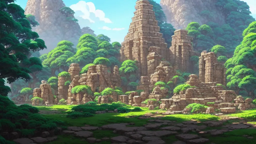 Image similar to ancient temple ruins, studio ghibli, pixar and disney animation, sharp, rendered in unreal engine 5, highly detailed, digital painting, artstation, concept art, smooth, sharp focus, illustration, wide angle, artbook, wallpaper, splash art, promo art, dramatic lighting, art by artgerm and greg rutkowski and bo chen and jin xiaodi