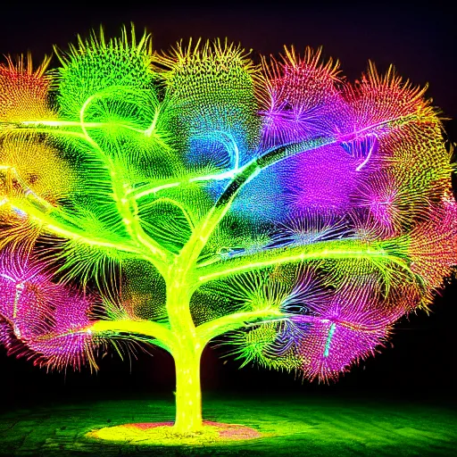 Prompt: a fractal tree made out of neon lights, futuristic, hd, epic lighting