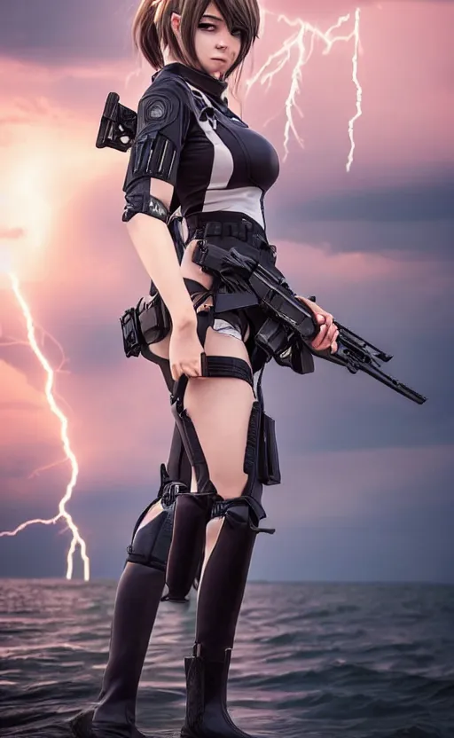 Image similar to highly detailed, high resolution, cosplay photo, octane, stunning, realistic lightning, real sunset, real water, character from girls frontline, sharp focus, 150mm, trending on facebook, by professional photographer, realistic anatomy, realistic military gear, realistic guns