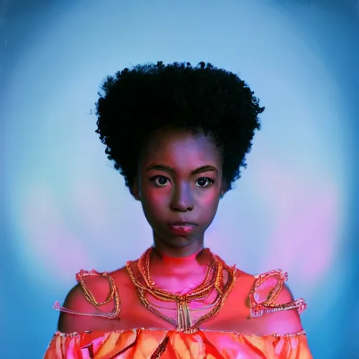 Image similar to head and shoulders portrait of an afrofuturism anime magical girl, color Graflex photograph