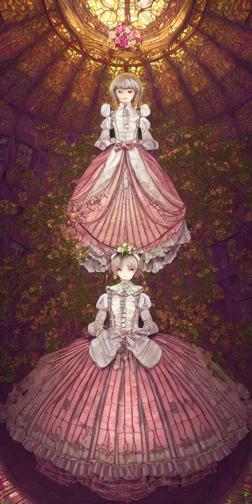 Prompt: the beautiful hyperdetailed physical rendering of a single rose wedding gothic lolita dress clothing design display in exhibition hall, perfectly shaded, atmospheric lighting, in the style of makoto shinkai louis comfort tiffany and louis comfort tiffany stanley artgerm lau wlop rossdraws beeple, surrealistic style, 8 k hd, 3 drender