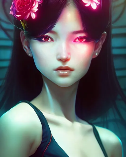 Image similar to perfect android girl, rose hair, cyborg, flowers, cinematic lighting, garden, beautiful girl, kim hyun joo, advanced technology, futuristic, art by ilya kuvshinov and akiko takase and eugene gottsnake and stanislav istratov and su fu and antoine collignon