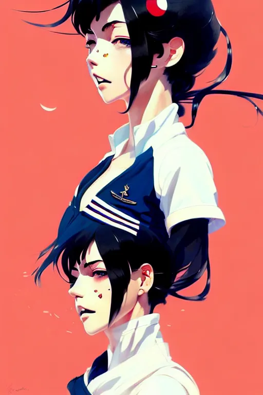 Image similar to a ultradetailed beautiful panting of a stylish woman wearing a sailor uniform, she has black hair, by conrad roset, greg rutkowski and makoto shinkai, trending on artstation