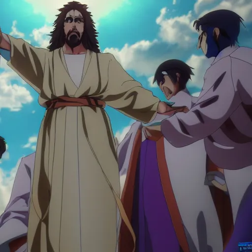 Image similar to anime movie still of the transfiguration of jesus christ in the style of jojo's bizarre adventure, trending on artstation, highly rendered, unreal engine: .2