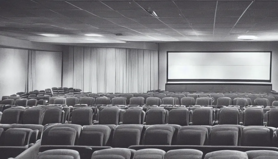 Image similar to 60s movie still of empty movie theater, cinestill 800t 50mm eastmancolor, liminal Space style, heavy grain-s 150