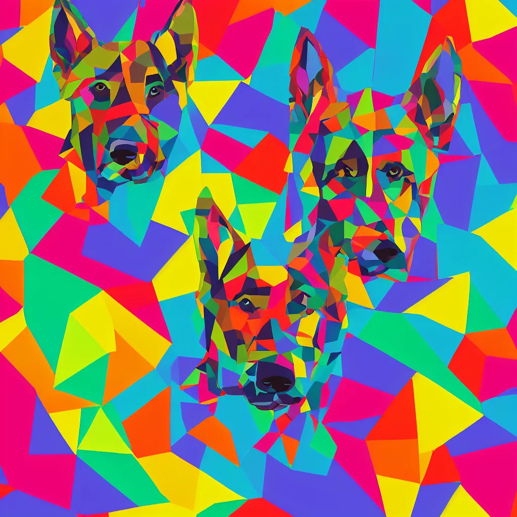 Image similar to illustration of chinese tangram of german shepherd figure made of colorful pieces, 2 d image