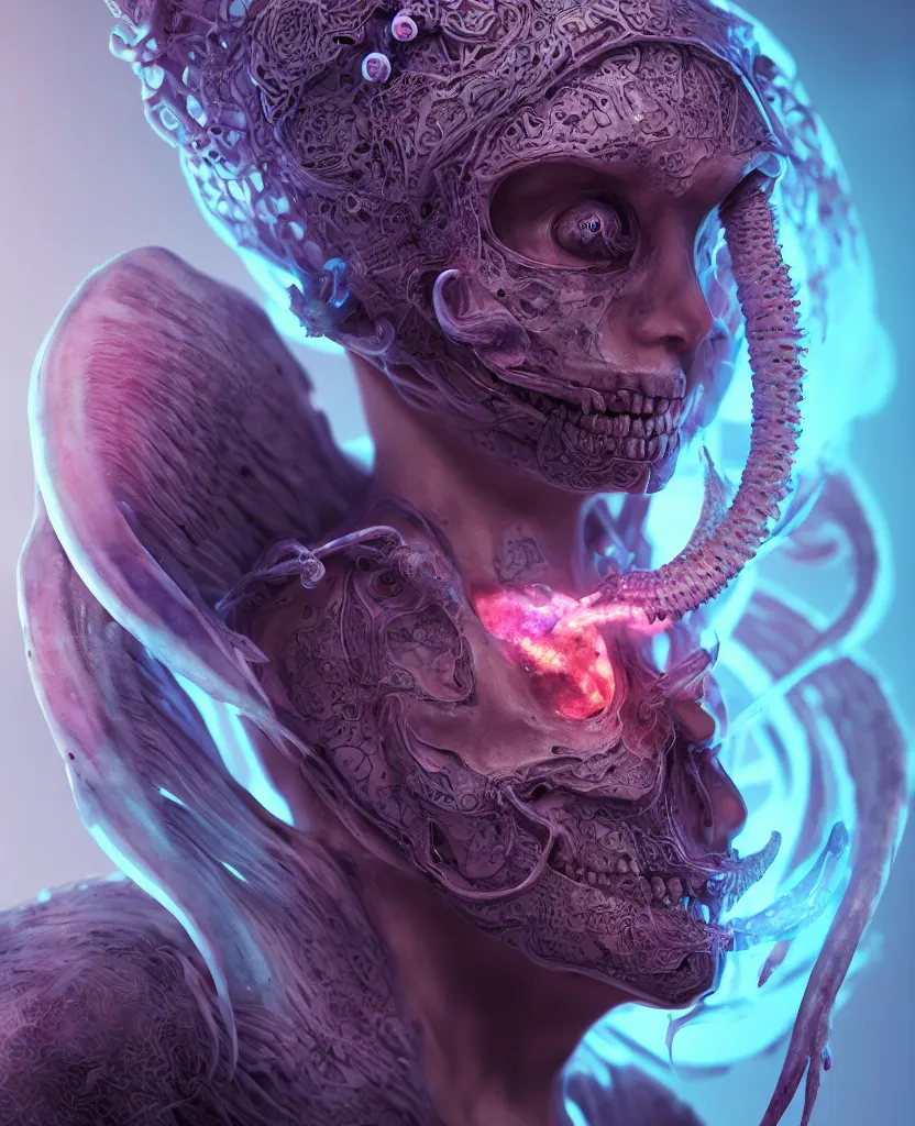 Image similar to hooded goddess close - up portrait hooded human skull, ram skull, squid phoenix jellyfish, orchid, betta fish, bioluminiscent, intricate artwork by tooth wu and wlop and beeple. octane render, trending on artstation, greg rutkowski very coherent symmetrical artwork. cinematic, hyper realism, high detail, octane render, 8 k