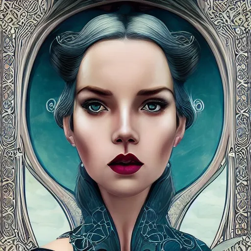 Image similar to an art nouveau, ( streamline moderne ), multi - racial portrait in the style of anna dittmann and charlie bowater and chanthara. very large, clear, expressive, and intelligent eyes. centered, ultrasharp focus, dramatic lighting, photorealistic digital matte painting, intricate symmetrical ultra detailed background.