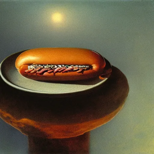 Image similar to a hotdog on a plate by beksinski, oil painting, high detail, 4 k, moody