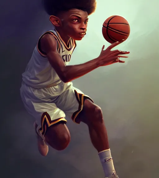 Prompt: portrait of a boy playing basketball wearing a basketball uniform, intricate, elegant, highly detailed, centered, digital painting, artstation, concept art, smooth, sharp focus, illustration, by Peter Mohrbacher, WLOP