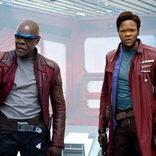 Prompt: film still of Samuel L Jackson as Star Lord in Guardians of the Galaxy