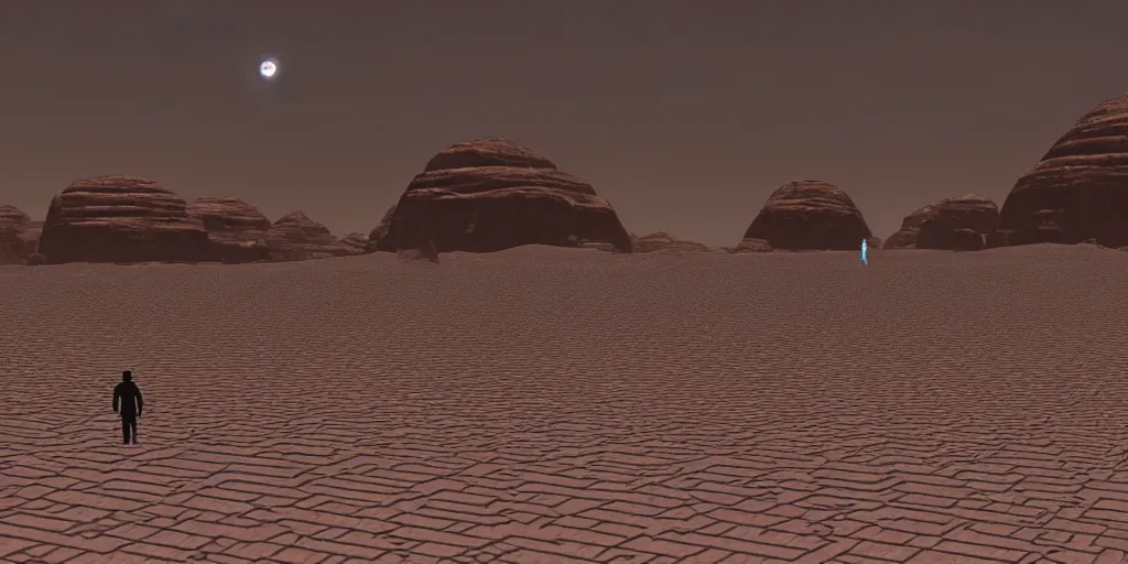 Image similar to an enormous tall alien black geometric rectangle in the desert, a large line of people are walking toward it in a line! starting at the foreground and ending at the building, single file, in the foreground on a rock is an alien creature catching a fly with its tongue, two suns are in the sky, clear skies, volumetric light, hyperdetailed, artstation, cgsociety, 8k