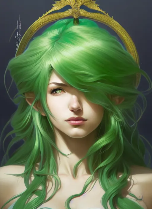 Image similar to portrait, head and body only, palutena, green hair, concept art, digital illustration, by rossdraws, frank franzzeta, intricate, masterpiece, elegant, hyper detailed, artstation, unreal engine rendered, concept art, smooth, sharp focus, illustration, art by artgerm and greg rutkowski and alphonse mucha and garis edelweiss