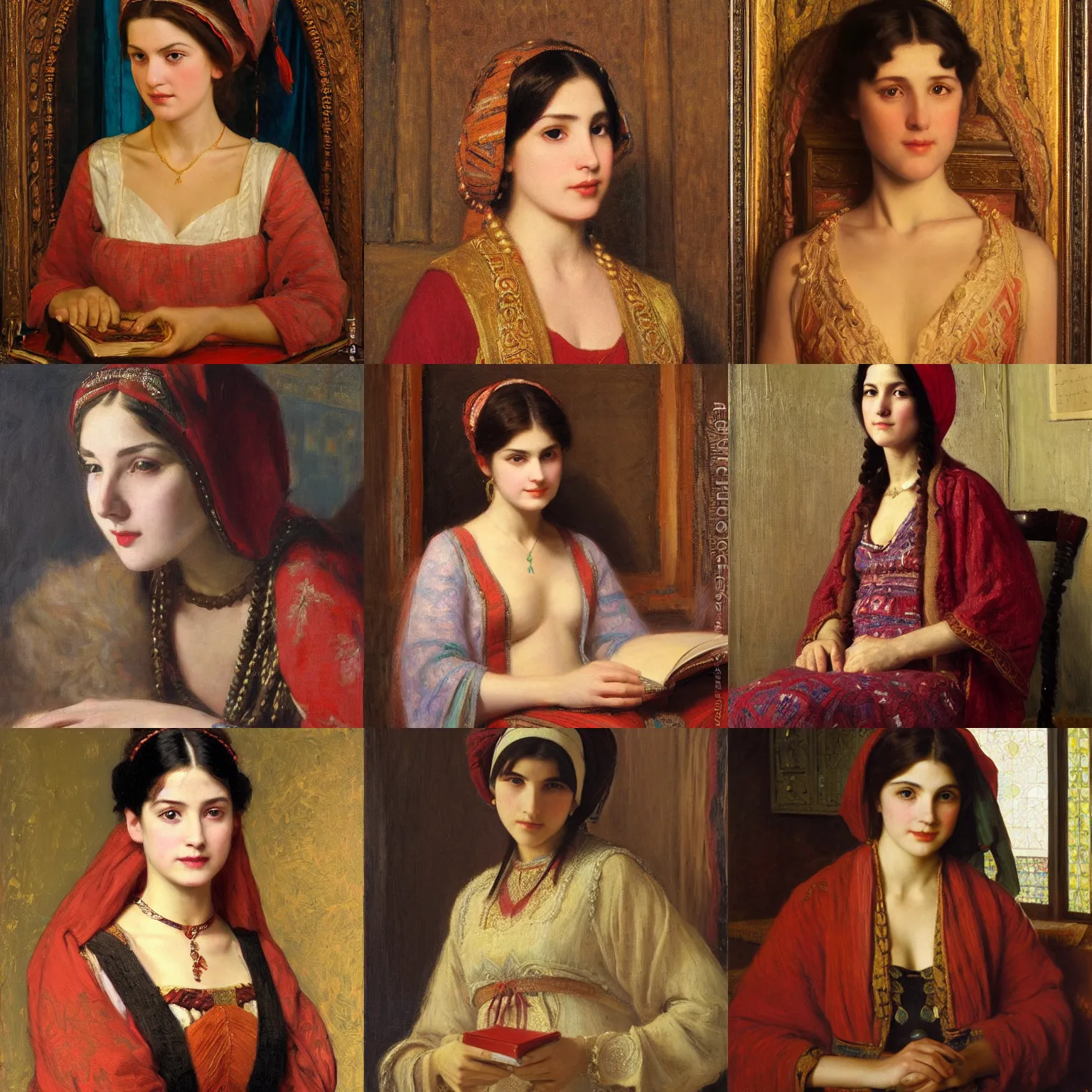 Prompt: orientalism portrait of a cute female scholar by Edwin Longsden Long and Theodore Ralli and Nasreddine Dinet and Adam Styka, masterful intricate artwork. Oil on canvas, excellent lighting, high detail 8k