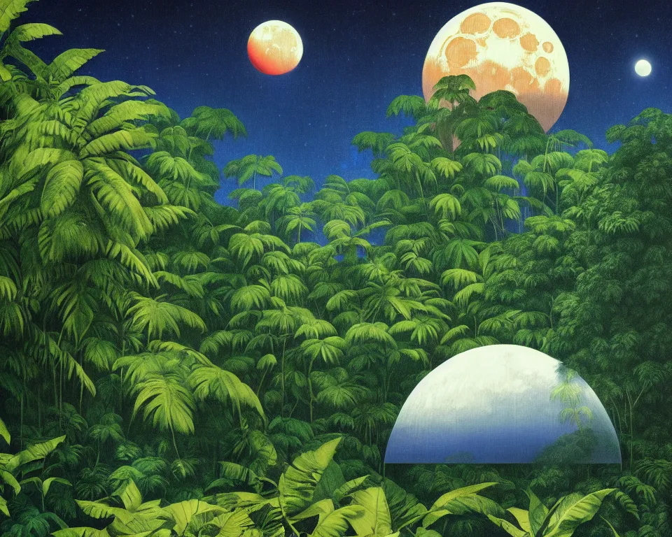 Prompt: an achingly beautiful print of the lunar lander in the middle of a tropical rainforest by Raphael, Hopper, and Rene Magritte. detailed, romantic, enchanting, trending on artstation.