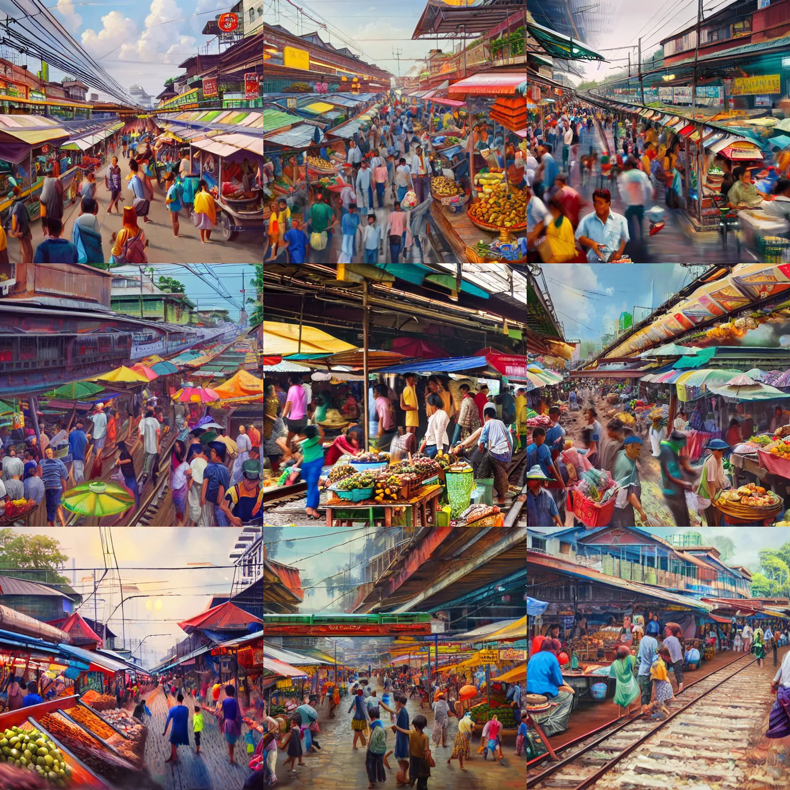 Prompt: a train traveling down train tracks through a busy street market, maeklong railway market, market stalls, a hyperrealistic painting by ryan yee, shutterstock contest winner, magical realism, cluttered, behance hd, photorealistic