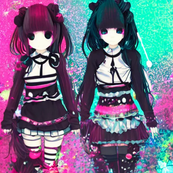 Prompt: sanrio glitchcore yokai girl, shadowverse character concept, found footage horror, glitter gif | Fatalistic (Bleak, Gloomy) | d anime decora gyaru kawaii fashion model, v tuber, darling in the frank,asuka, anime best girl, with glitch and scribble effects, psychedelic colors, 3d render octane, by wlop, wenjr, beeple, artstation,imaginefx