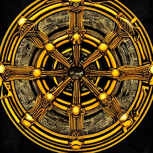 Image similar to intricate and detailed arcane symbol, circular, symmetrical, golden hues, artstation, 4 k